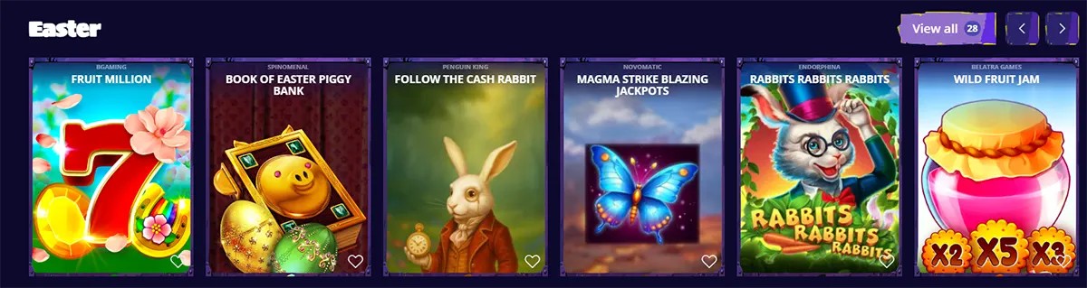 Easter-themed casino games section featuring Fruit Million, Book of Easter Piggy Bank, Follow the Cash Rabbit, Magma Strike Blazing Jackpots, Rabbits Rabbits Rabbits, and Wild Fruit Jam.