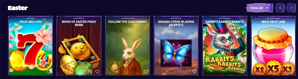 Easter-themed casino games section featuring Fruit Million, Book of Easter Piggy Bank, Follow the Cash Rabbit, Magma Strike Blazing Jackpots, Rabbits Rabbits Rabbits, and Wild Fruit Jam.
