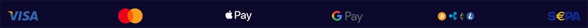 Payment methods banner on a dark blue background featuring Visa, Mastercard, Apple Pay, Google Pay, cryptocurrency, and SEPA logos.