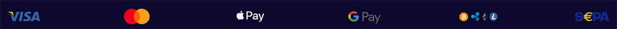 Payment methods banner on a dark blue background featuring Visa, Mastercard, Apple Pay, Google Pay, cryptocurrency, and SEPA logos.
