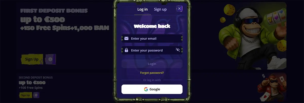 Casino login popup with email and password fields, Google sign-in option, and a welcome back message displayed over a dark bonus page background.