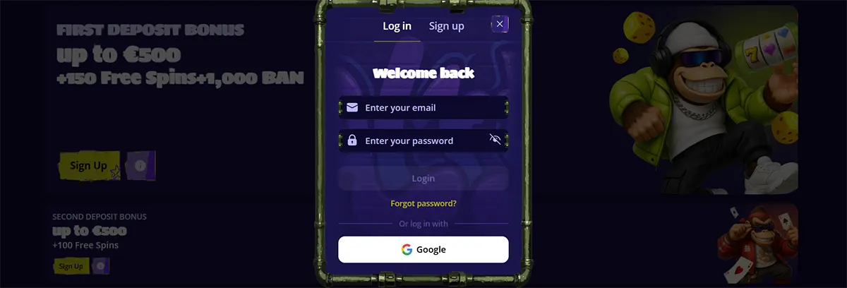 Casino login popup with email and password fields, Google sign-in option, and a welcome back message displayed over a dark bonus page background.